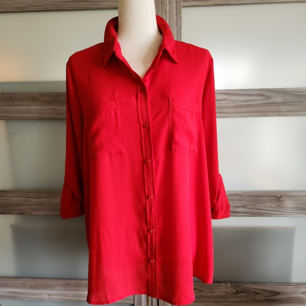 APT 9 Red Sheer Button-Up Blouse - XL